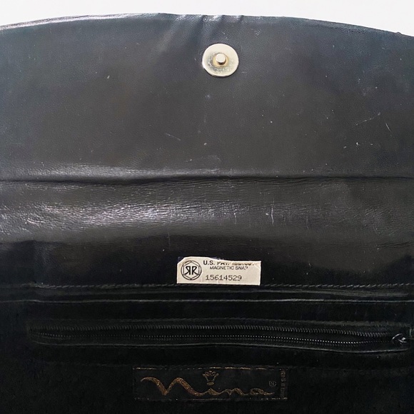 70s vtg black leather snakeskin envelope clutch - crossbody strap - Picture 7 of 11